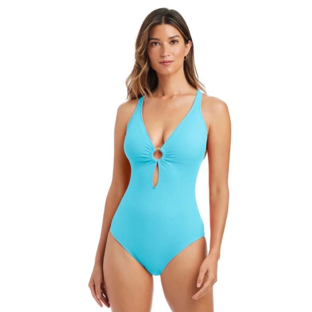 Bleu Rod Beattie Pique Ole Mio One Piece Swimsuit Womens 4 Waterfall Blue NWT